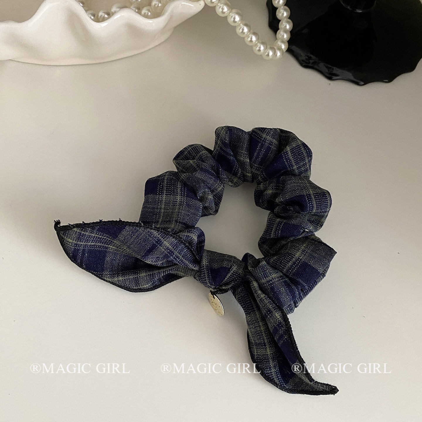 Women's Daily Cloth Bow Hair Tie Elastic Hairband Navy Blue Plaid