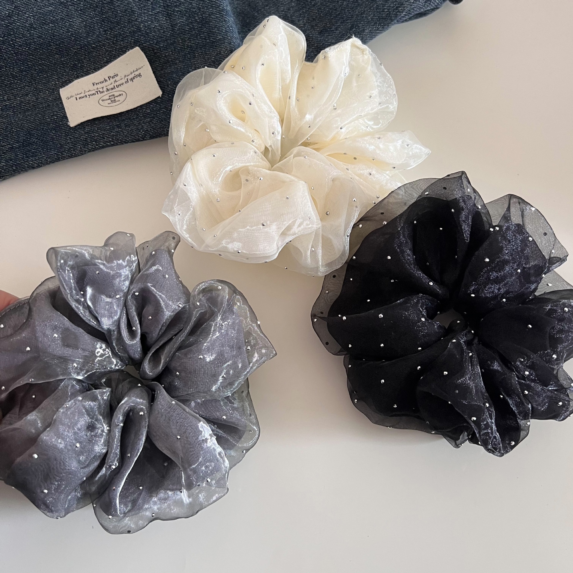 Women's Casual Rhinestone Mesh Double Layer Hairband Solid Beige Black