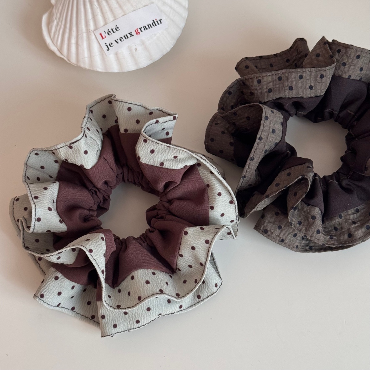 Women's Winter Cloth Scrunchie Hair Tie Beige Coffee Spliced Polka Dots