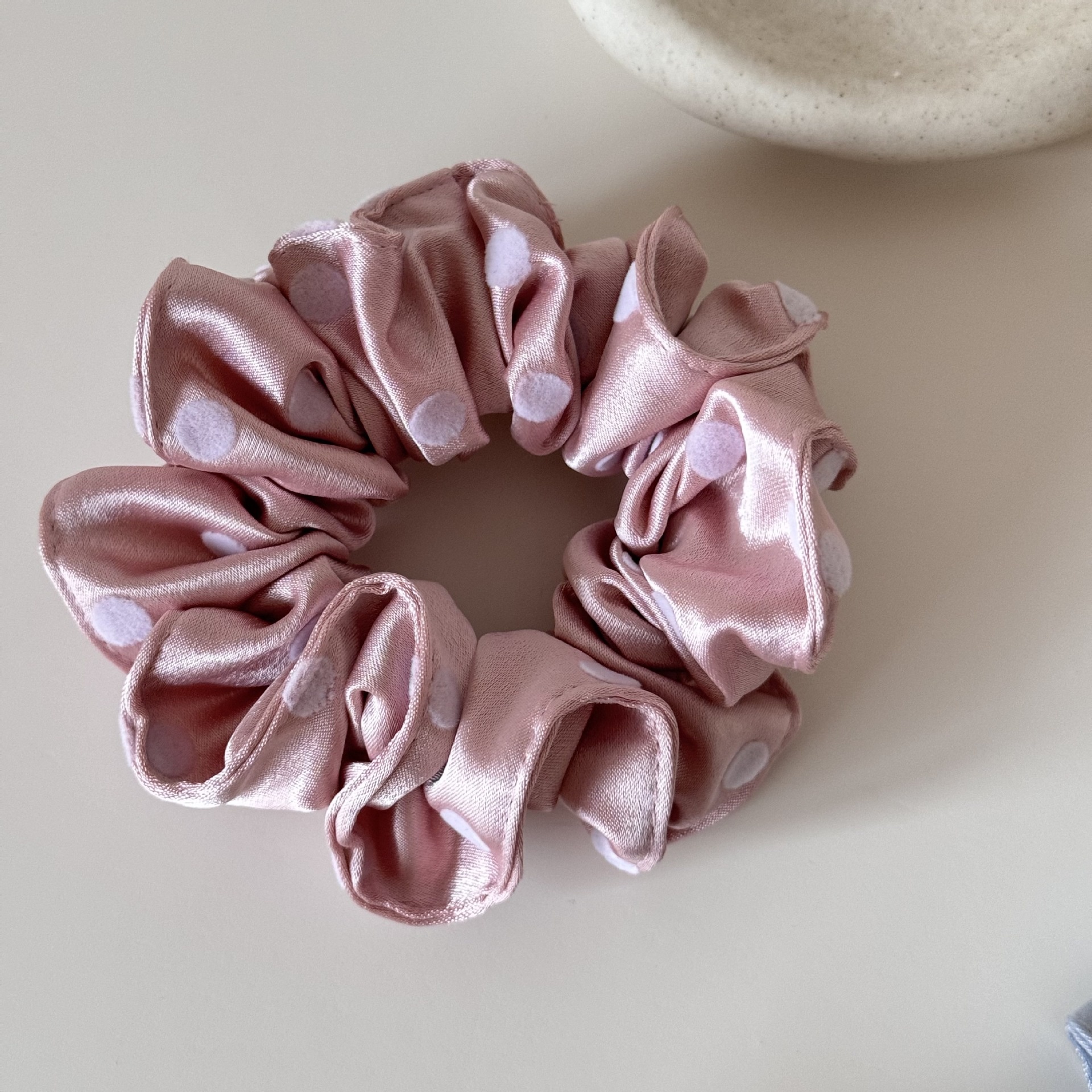 Women's Spring Satin Hair Tie Pink Polka Dots