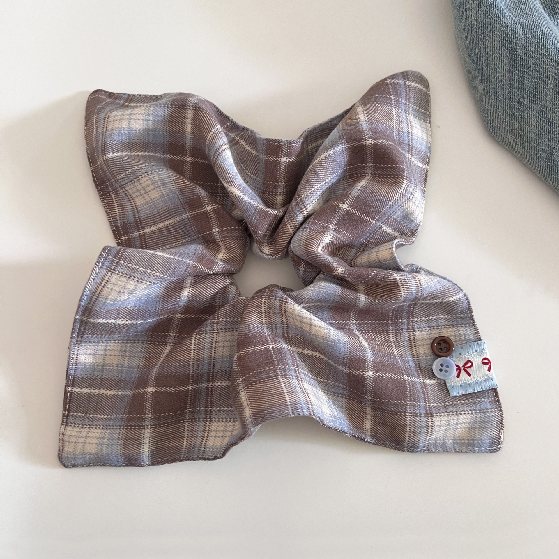 Women Cloth Bow Hair Scrunchies Coffee Plaid Checkered Autumn Winter