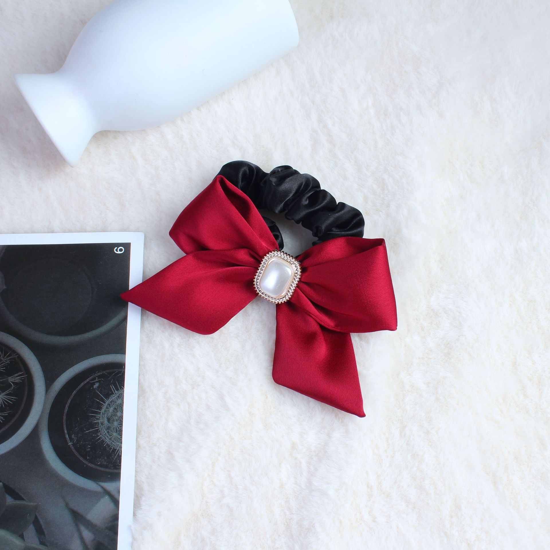 Women's Satin Pearl Bow Hair Tie, French Lolita Style Hair Accessory