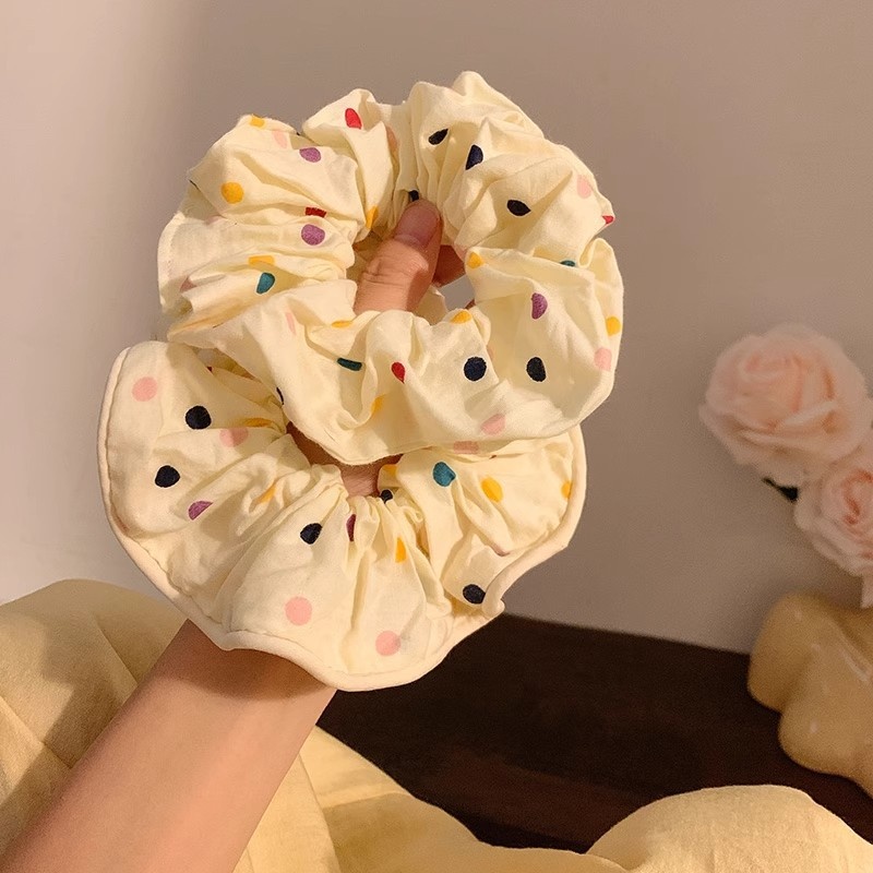 Women's Large Mori Style Scrunchie Beige Polka Dot Cloth Hair Tie