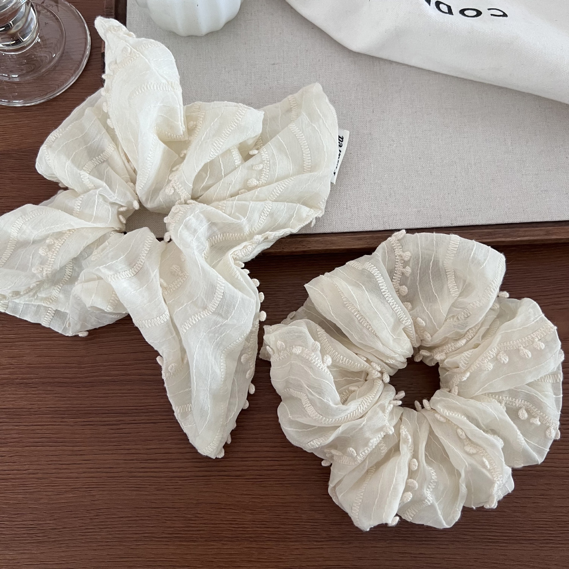 Women's Lace Scarf Hair Tie Headband For Bun Hairstyle Beige Tassel