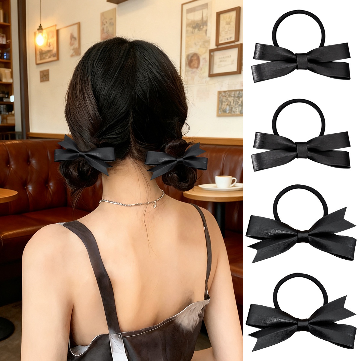 Women's High-End Leather Bowknot Hair Ties For Bun Solid Black