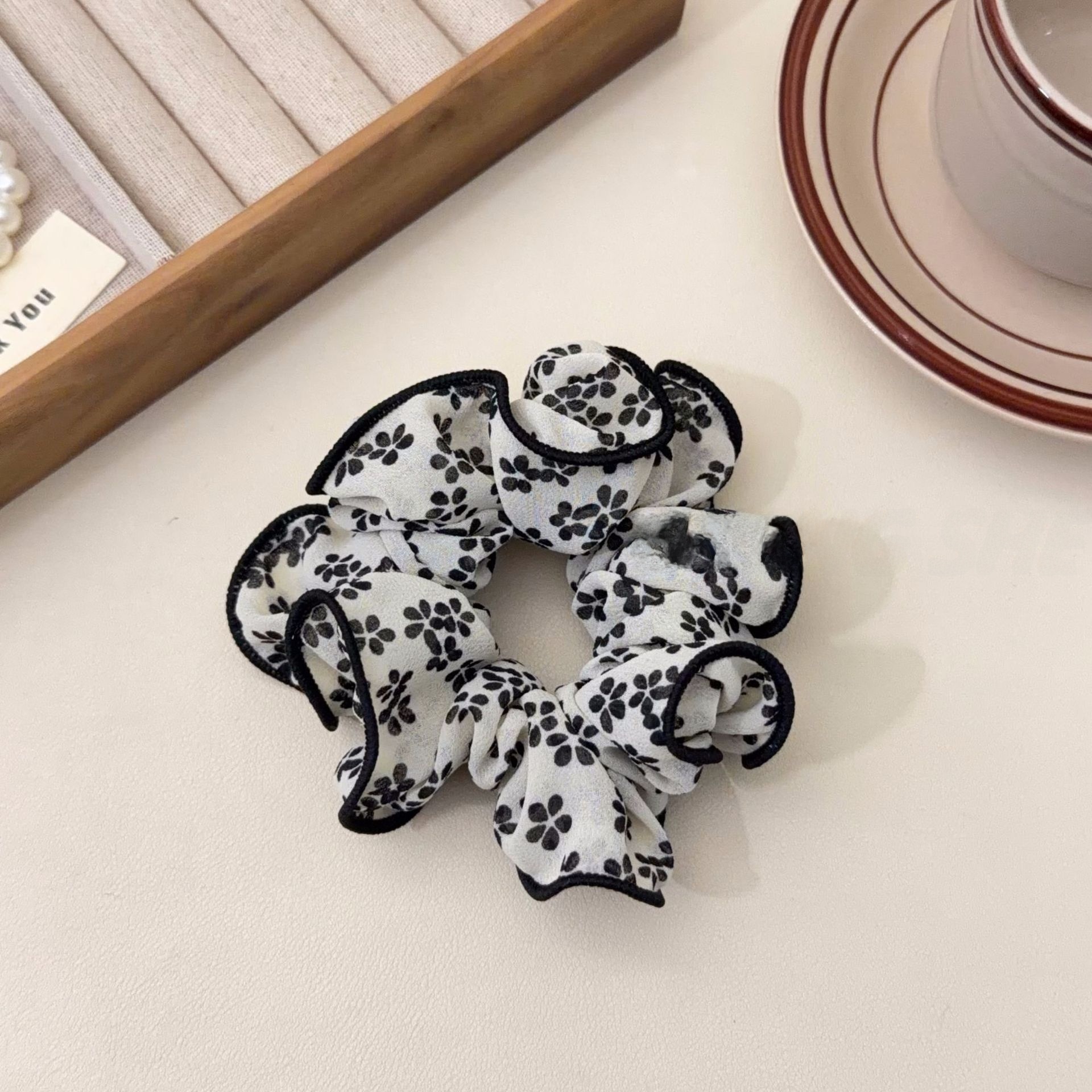 Women's Spring Summer French Style Cloth Hair Tie Black Ditsy Floral