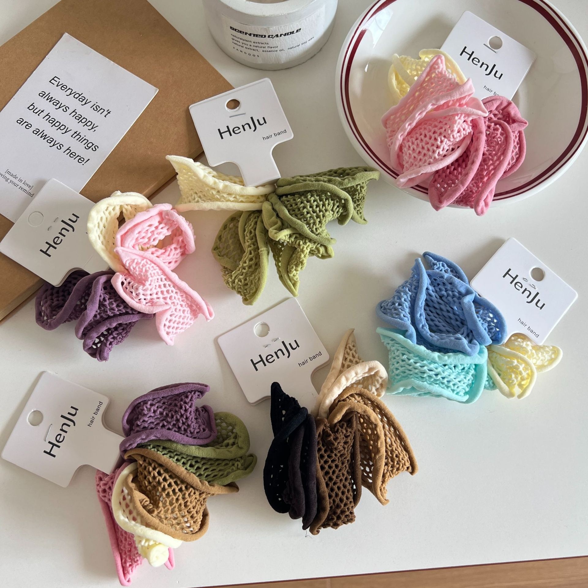 Women Damage-Free Cloth Wide Hair Ties Sweet Candy Color Geometric