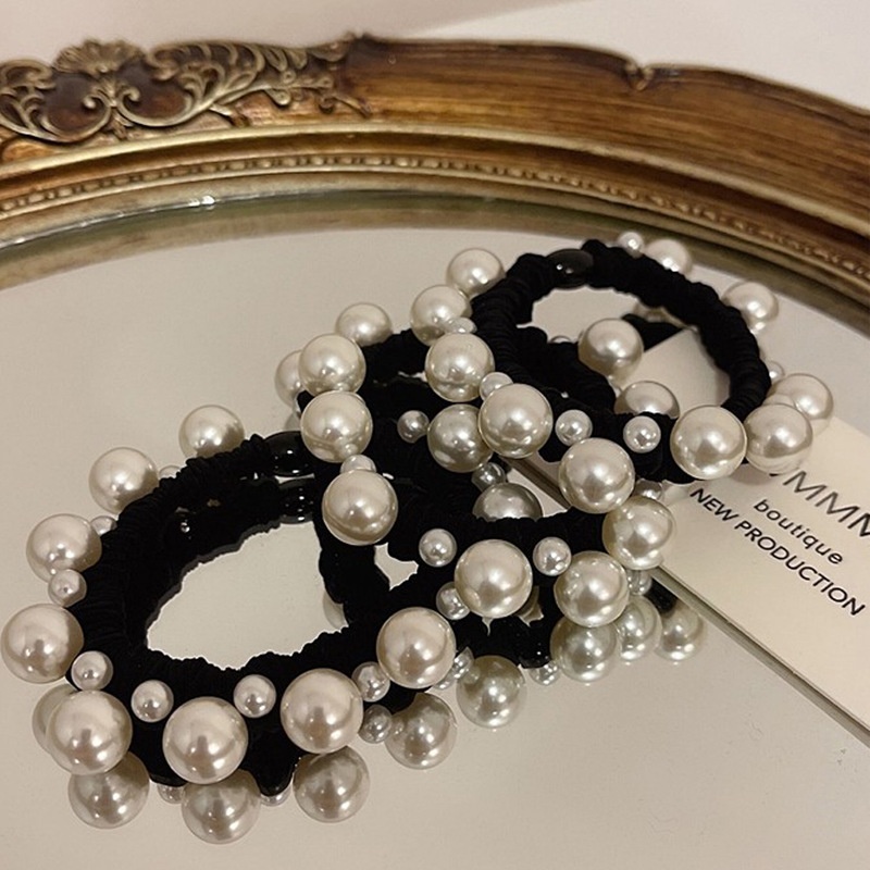 Women's Elegant Imitation Pearl Hair Tie For All Seasons, Solid Black