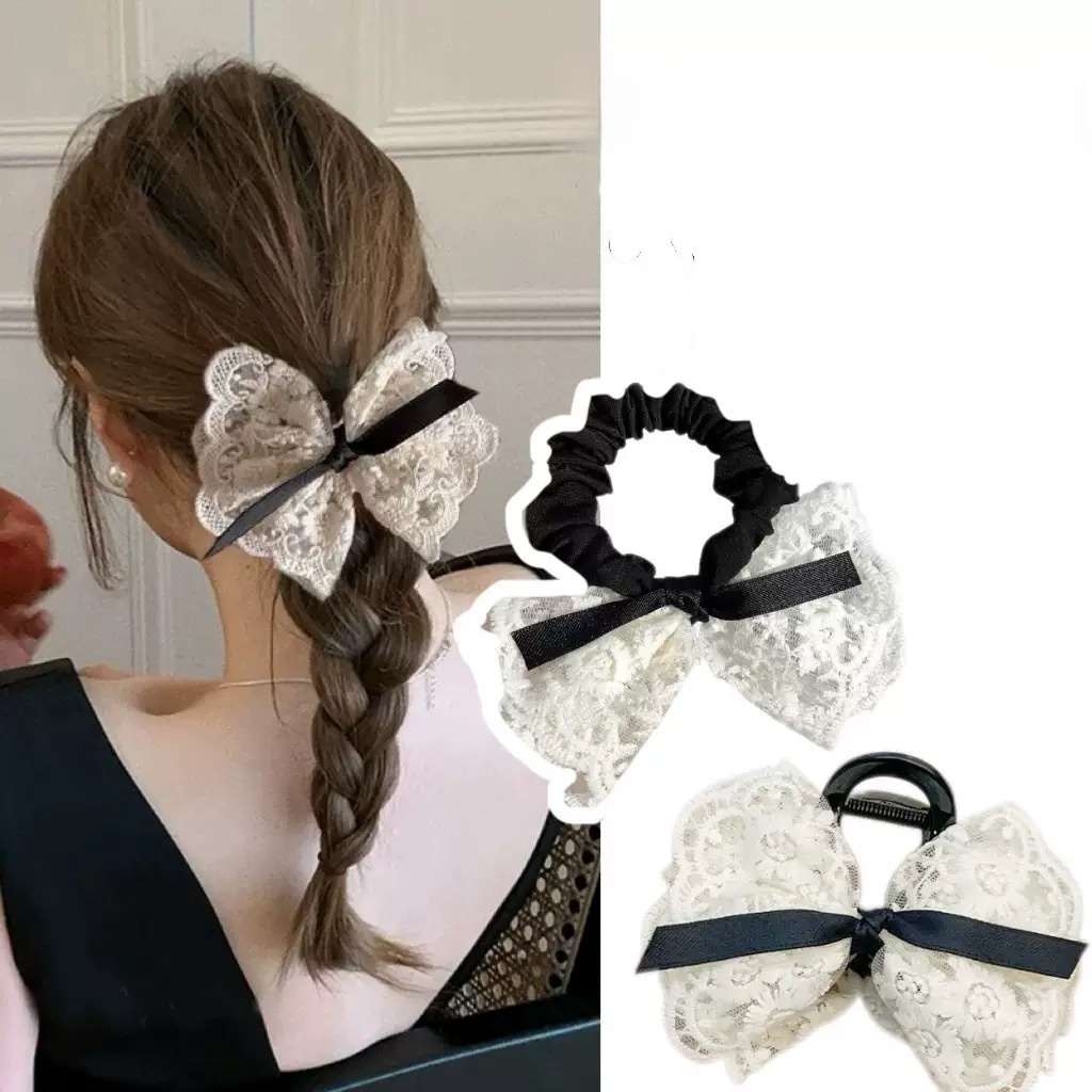 Women's Sweet Lace Bowknot Hair Tie Retro Embroidery Double Layer Hair Band