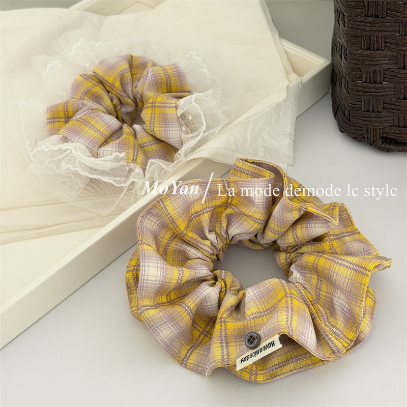 Women's Spring Soft Cloth Hair Tie Accessories Yellow Plaid Lace