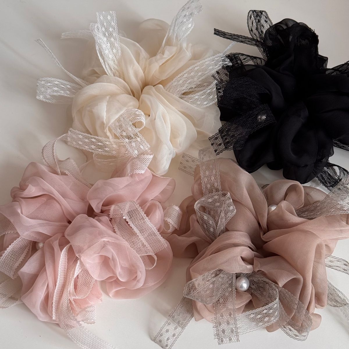 Women's Fairy Gauze Hair Tie For Spring Summer Beige Lace Bowknot