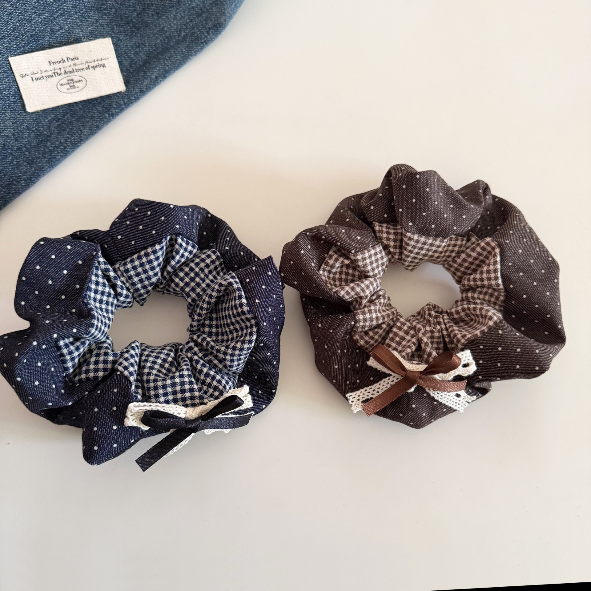 Women Cloth Ponytail Bow Hairband Navy Blue Coffee Plaid Polka Dot