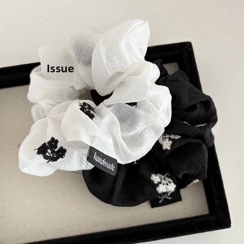 Women's Spring Cloth Hair Tie Scrunchie Black Embroidered Floral