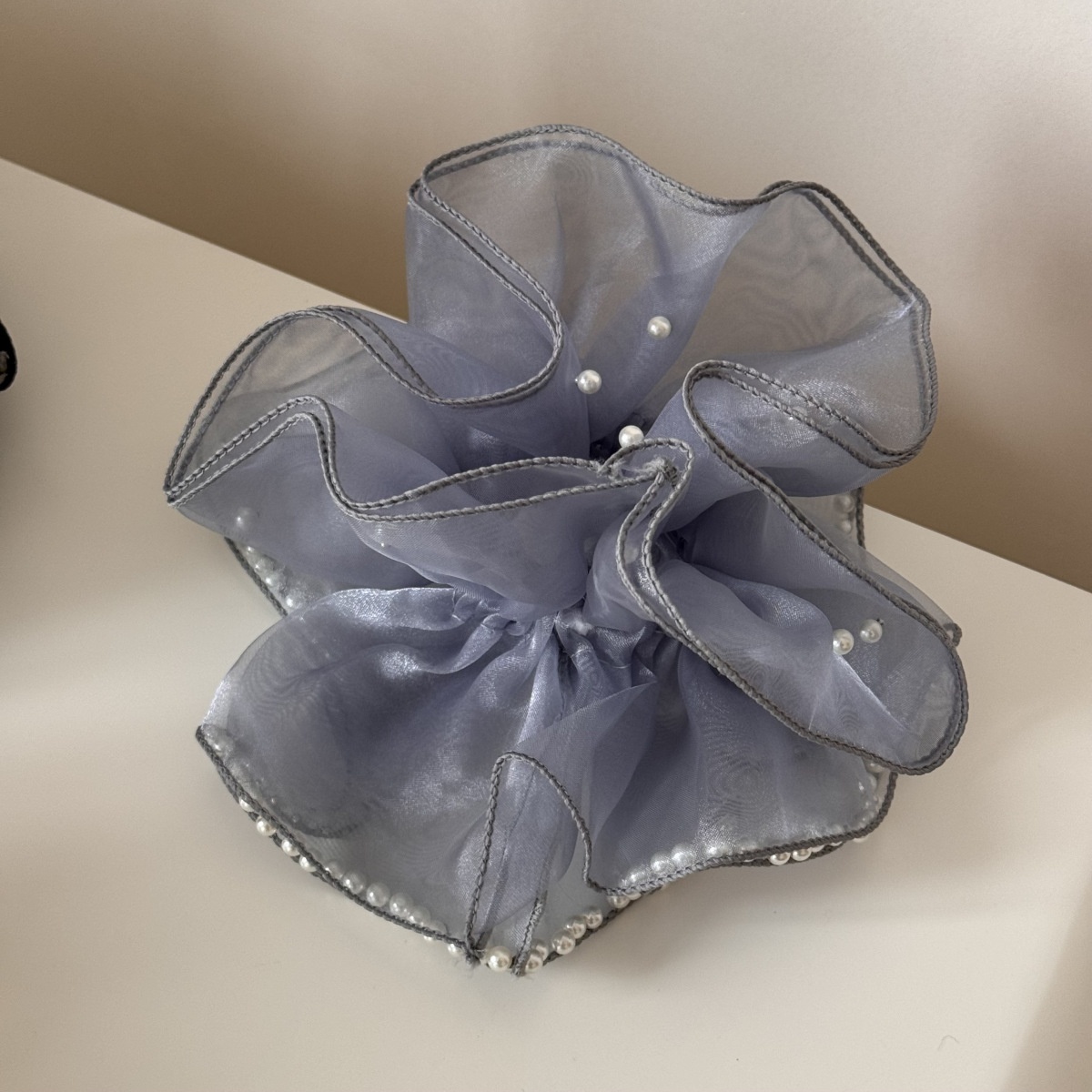 Women's Extra Large Hepburn Beaded Net Hair Tie Volume-Increasing Solid Cloth