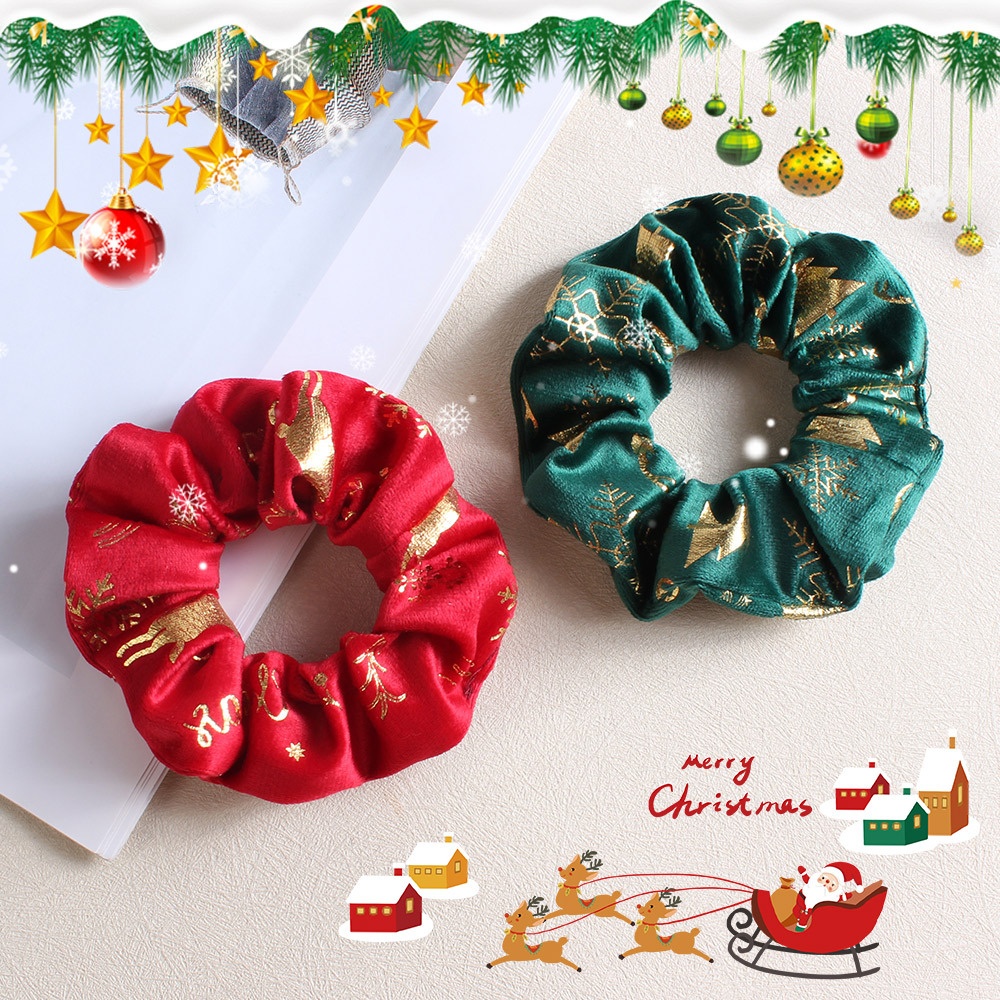 Women's Festive Christmas Bun Hair Tie Red Velvet Gold Embossed