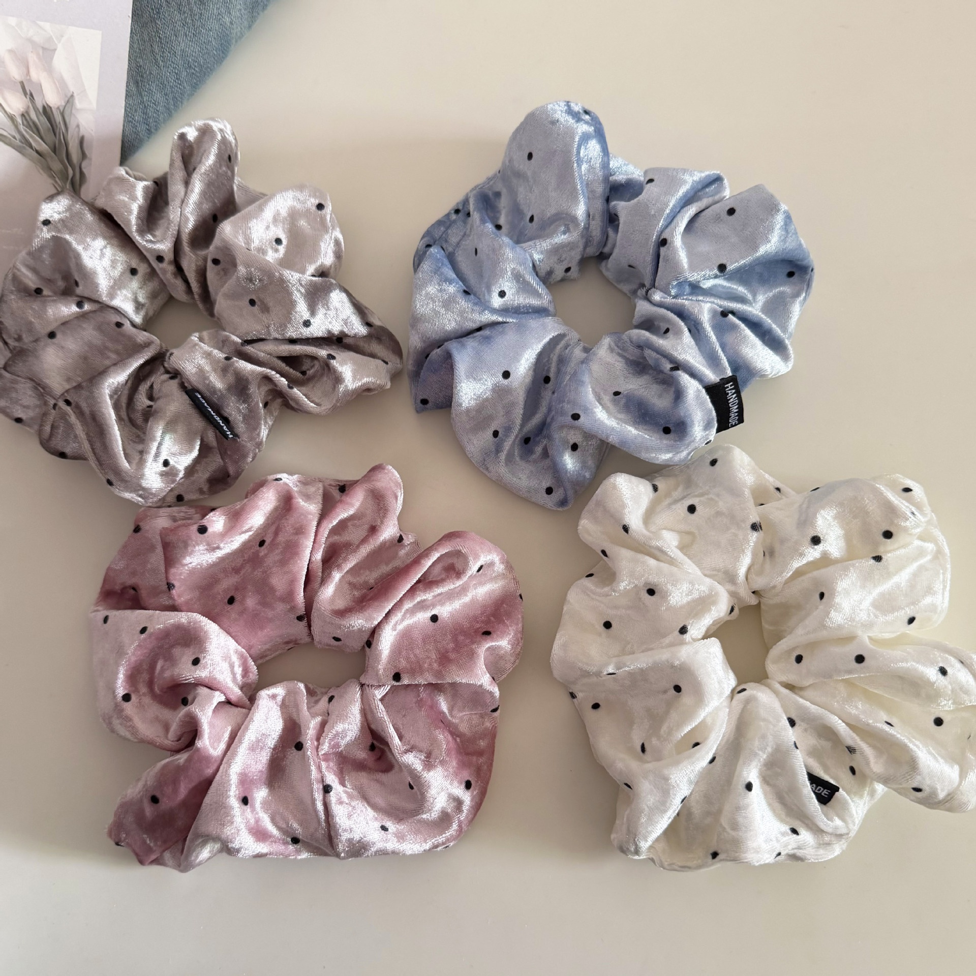 Women Velvet Polka Dot Ball Hair Tie Elastic Bun Rope Accessory