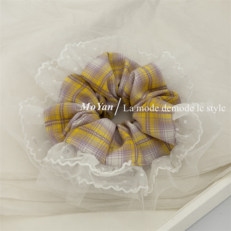 Women's Spring Soft Cloth Hair Tie Accessories Yellow Plaid Lace