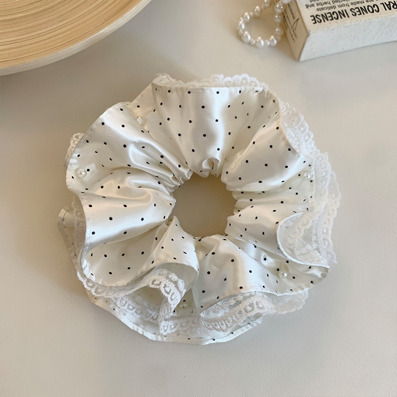 Women's Spring Satin Lace Scrunchie Hair Tie White Polka Dots