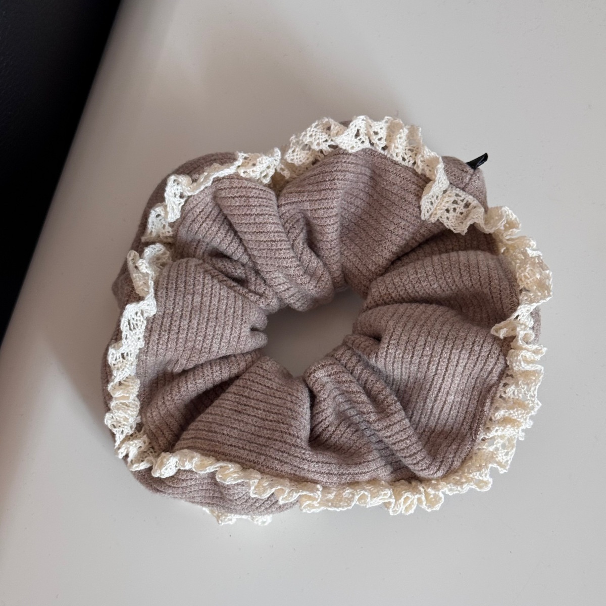 Women Casual Knitted Elastic Hairband Double Layer Lace Edge Solid Color