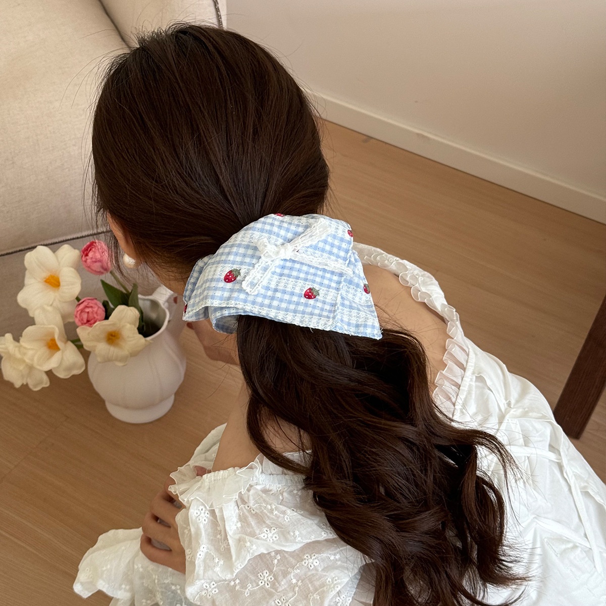 Women's Sweet Strawberry Plaid Lace Bow Scarf Hair Tie Cloth Ponytail Band