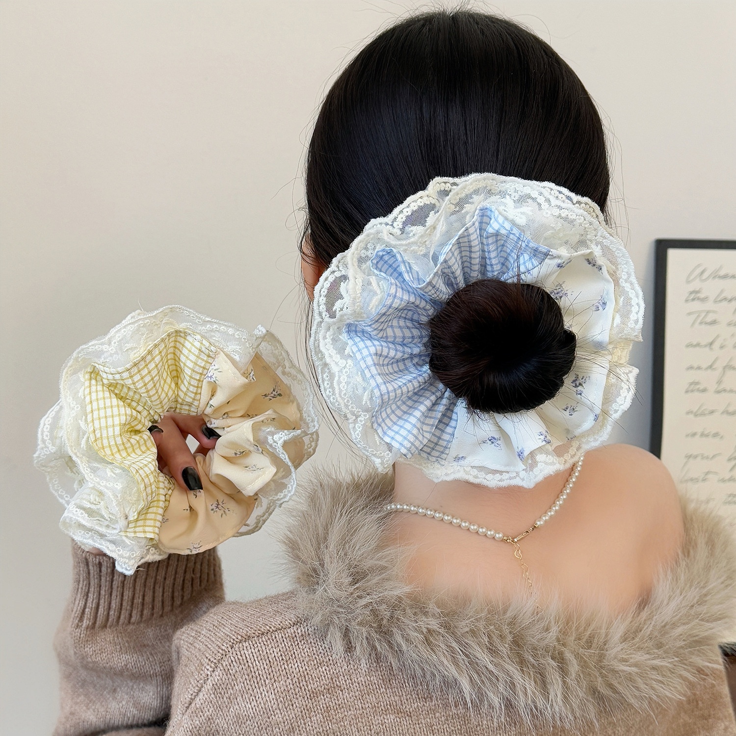 Women Spring Preppy Lace Fabric Hair Tie Scrunchie Blue Yellow Plaid