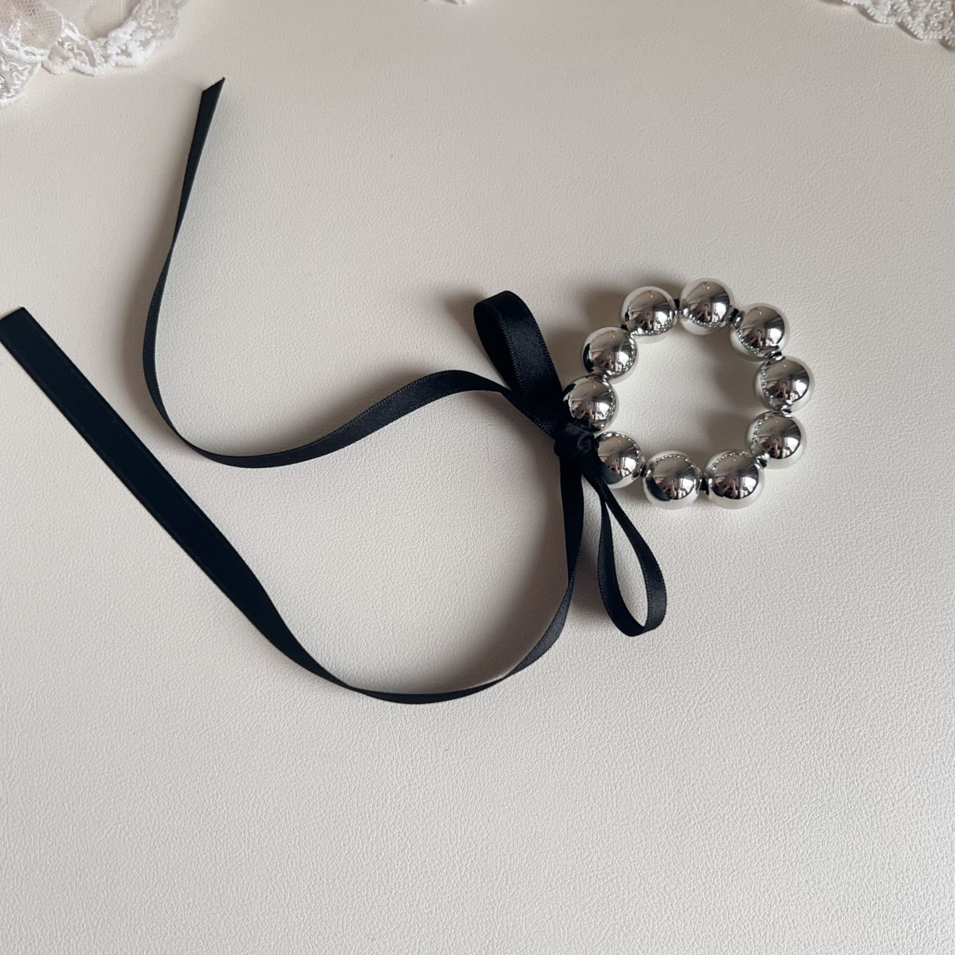 Women's Summer Beaded Bowknot Hair Tie Accessories White Silver