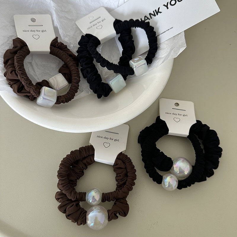 Women's All Season French Cloth Hair Tie Pair Black Coffee Round Bead