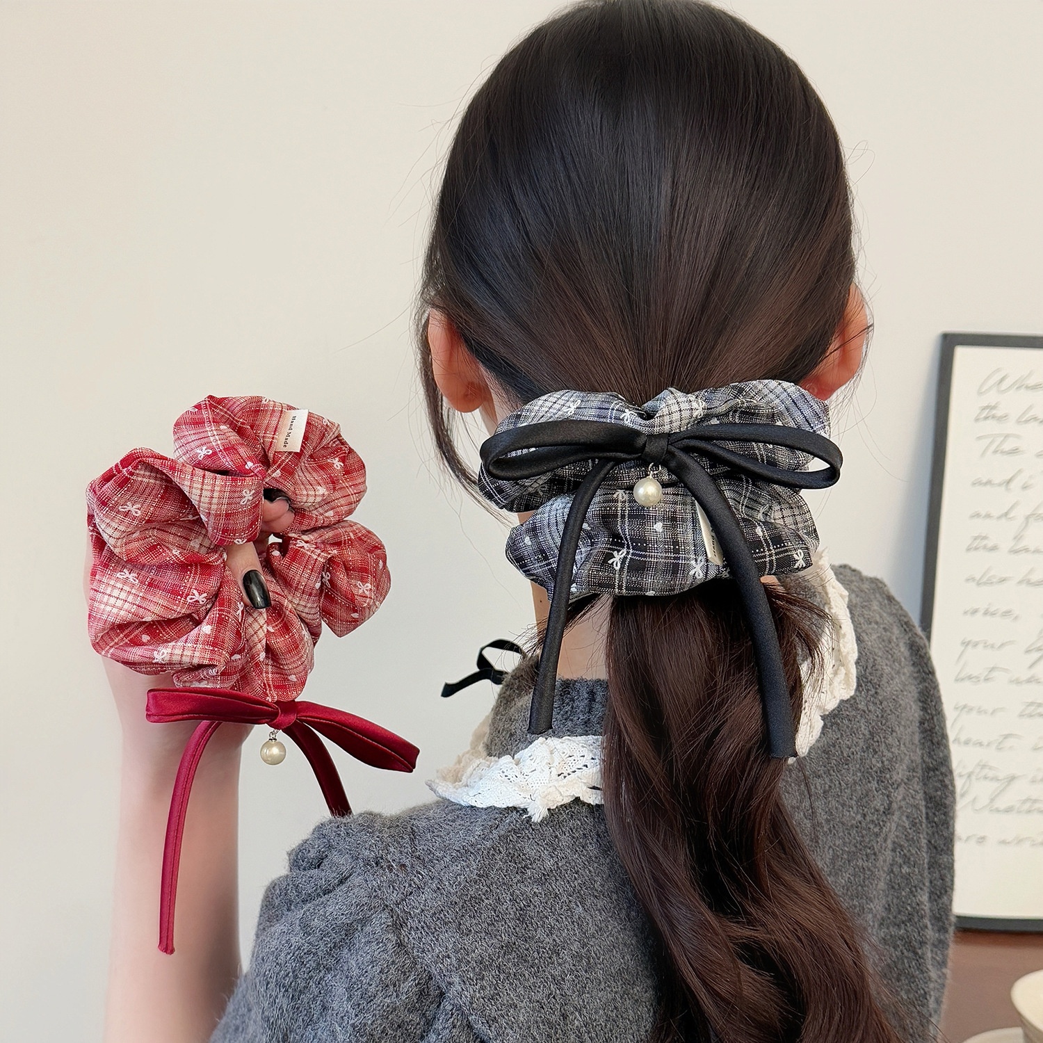 Women's Pearl Bowknot Cloth Scrunchie Ribbon Hair Tie Red Black Plaid
