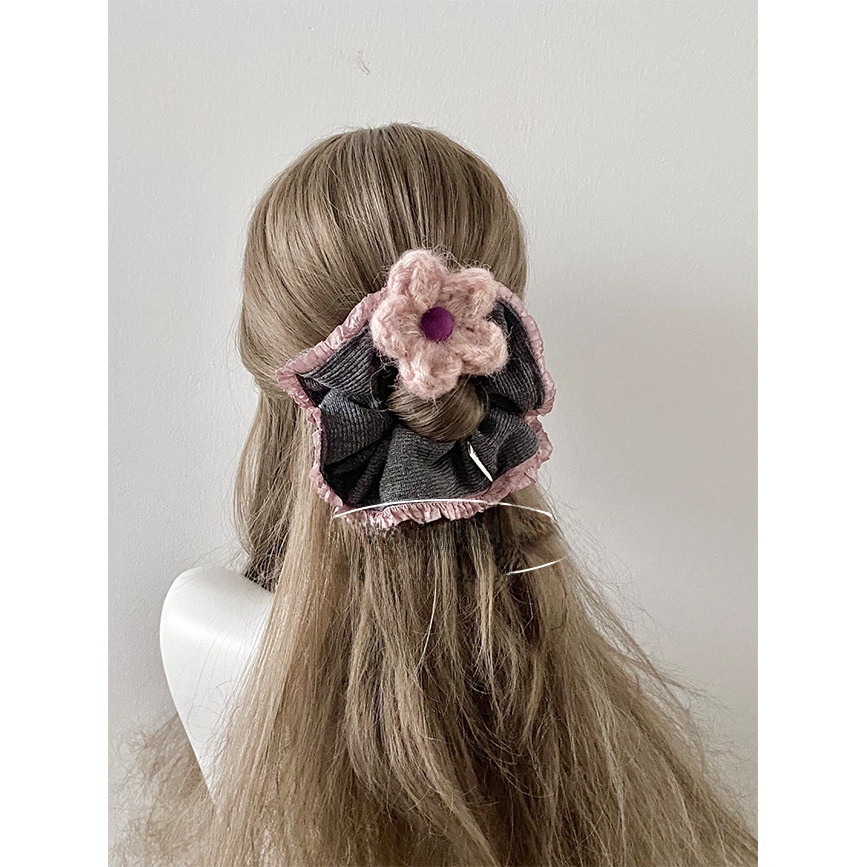 Women Winter Knitted Ruffled Ponytail Hairband Pink Dark Coffee Flower