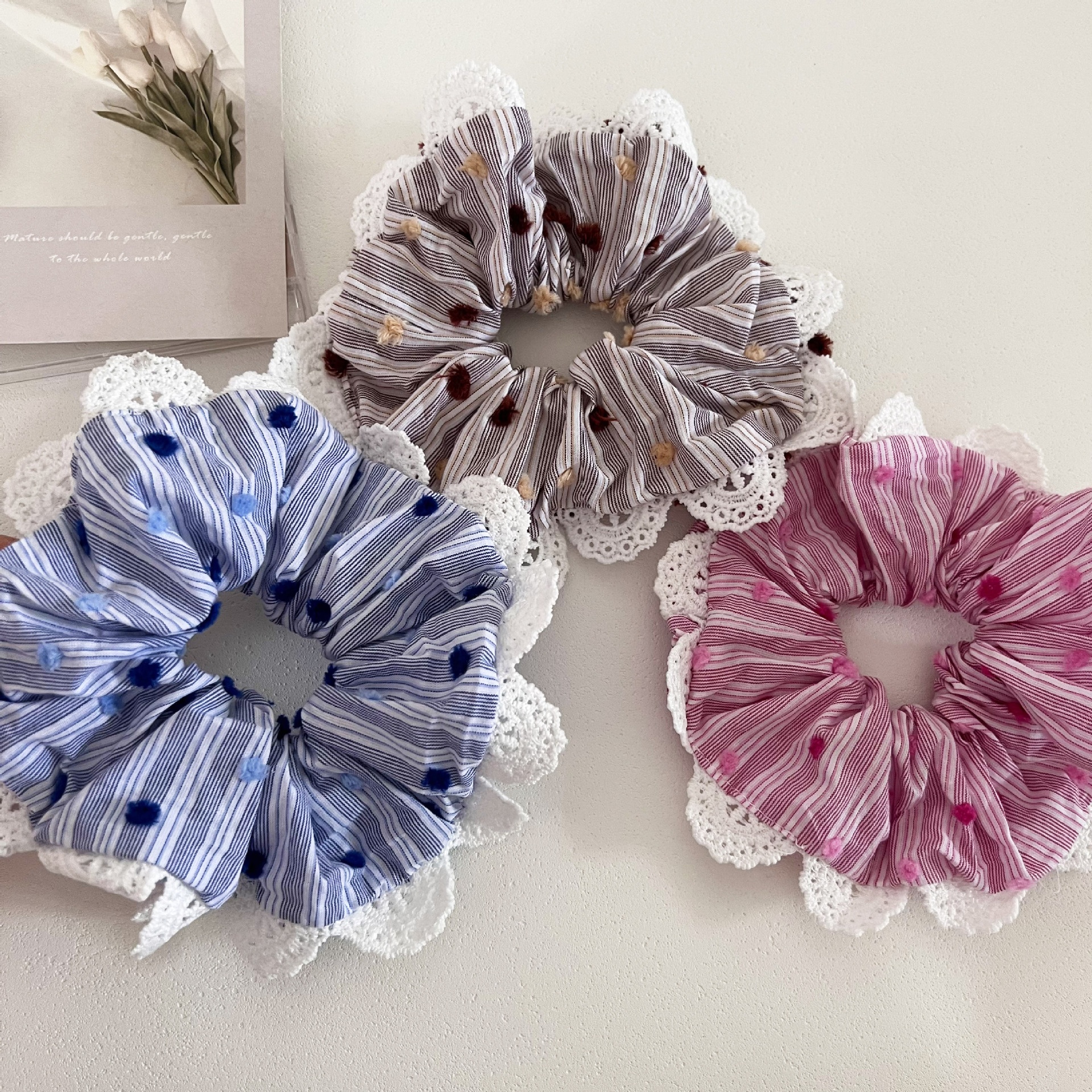 Women's Handmade Fabric Hair Bun Scrunchie Striped Polka Dot Lace Pink Blue