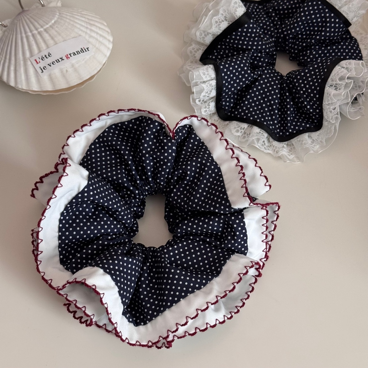 Women's Daily French Style Soft Cloth Hair Tie Navy Blue Polka Dots