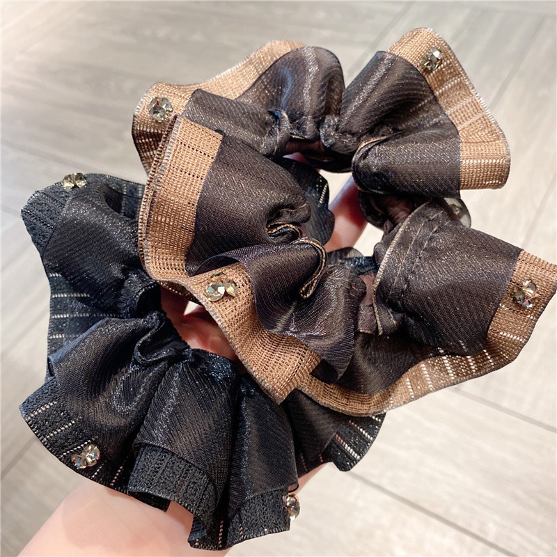 Women's Luxury Black Multi-Layer Tulle Rhinestone Large Hair Scrunchie