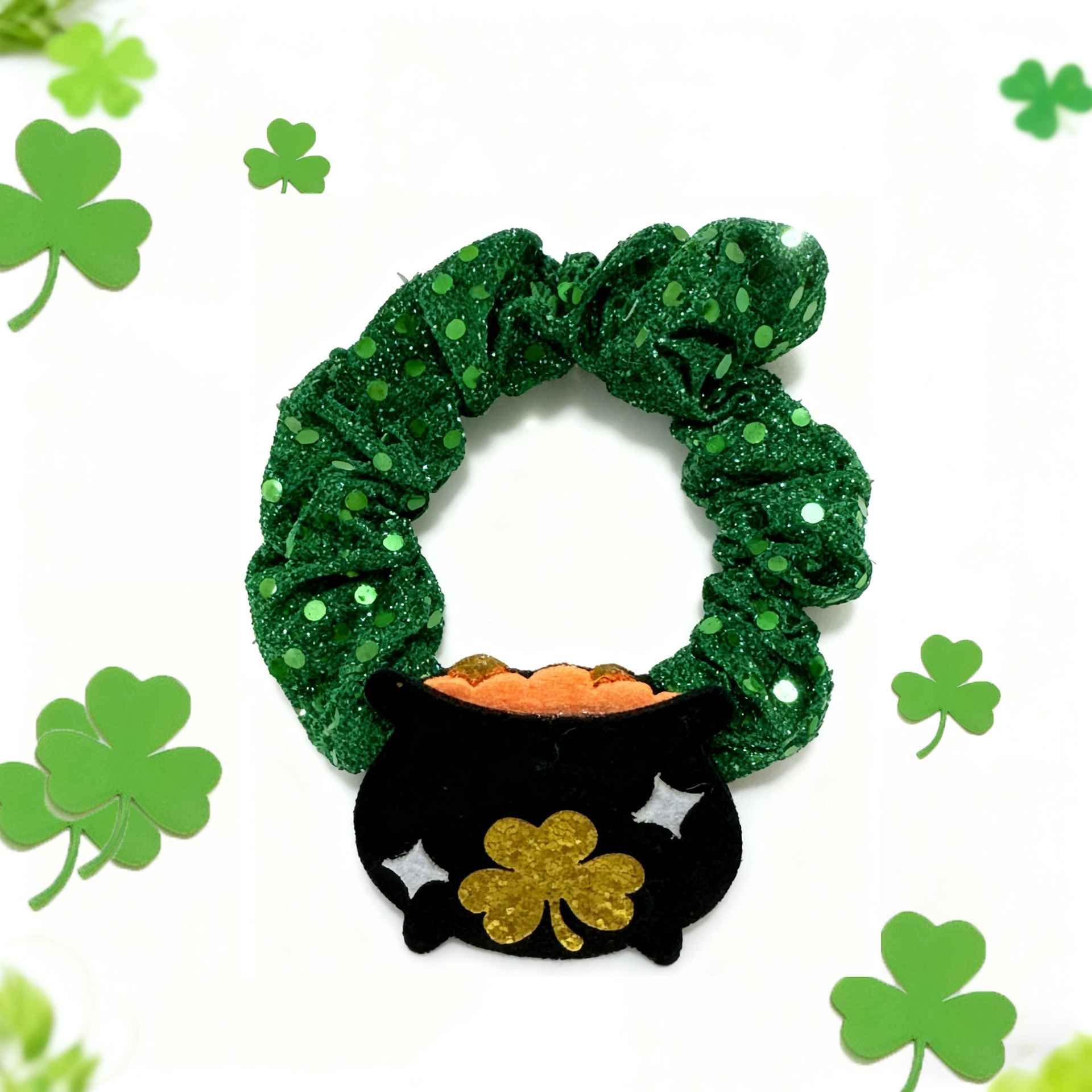 Women's St. Patrick's Day Velvet Hair Tie Green Clover Sequin Bow Knot