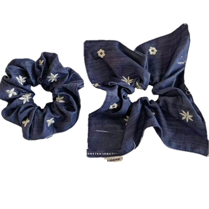 Women's Autumn Hair Tie Cowboy Style Denim Floral Embroidery