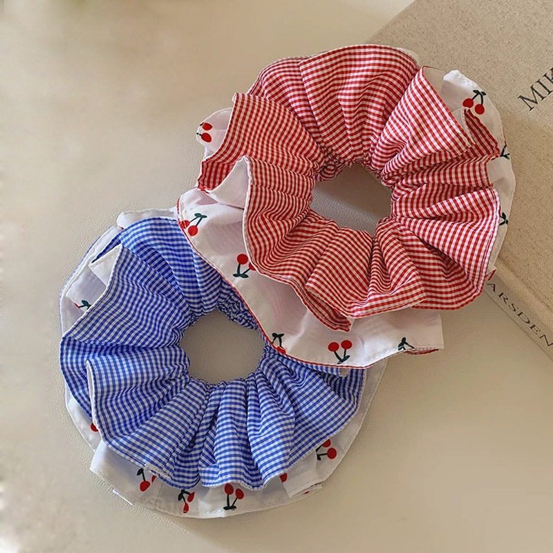 Women's Elegant Double Layer Cloth Hair Bands For Weekend Cherry Plaid