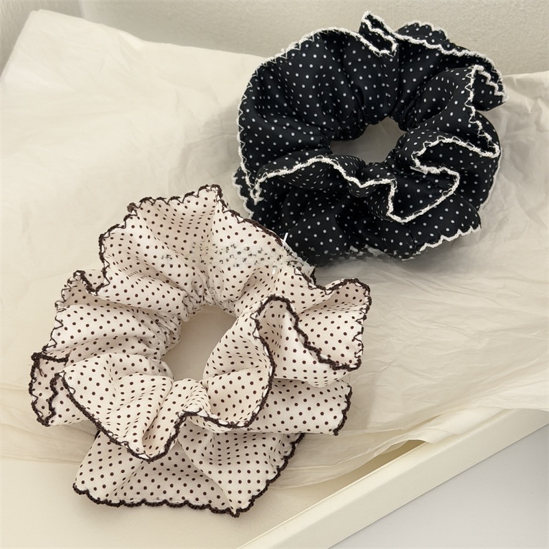 Women's Spring Cloth Hair Tie Scrunchie White Polka Dots Heart Pattern