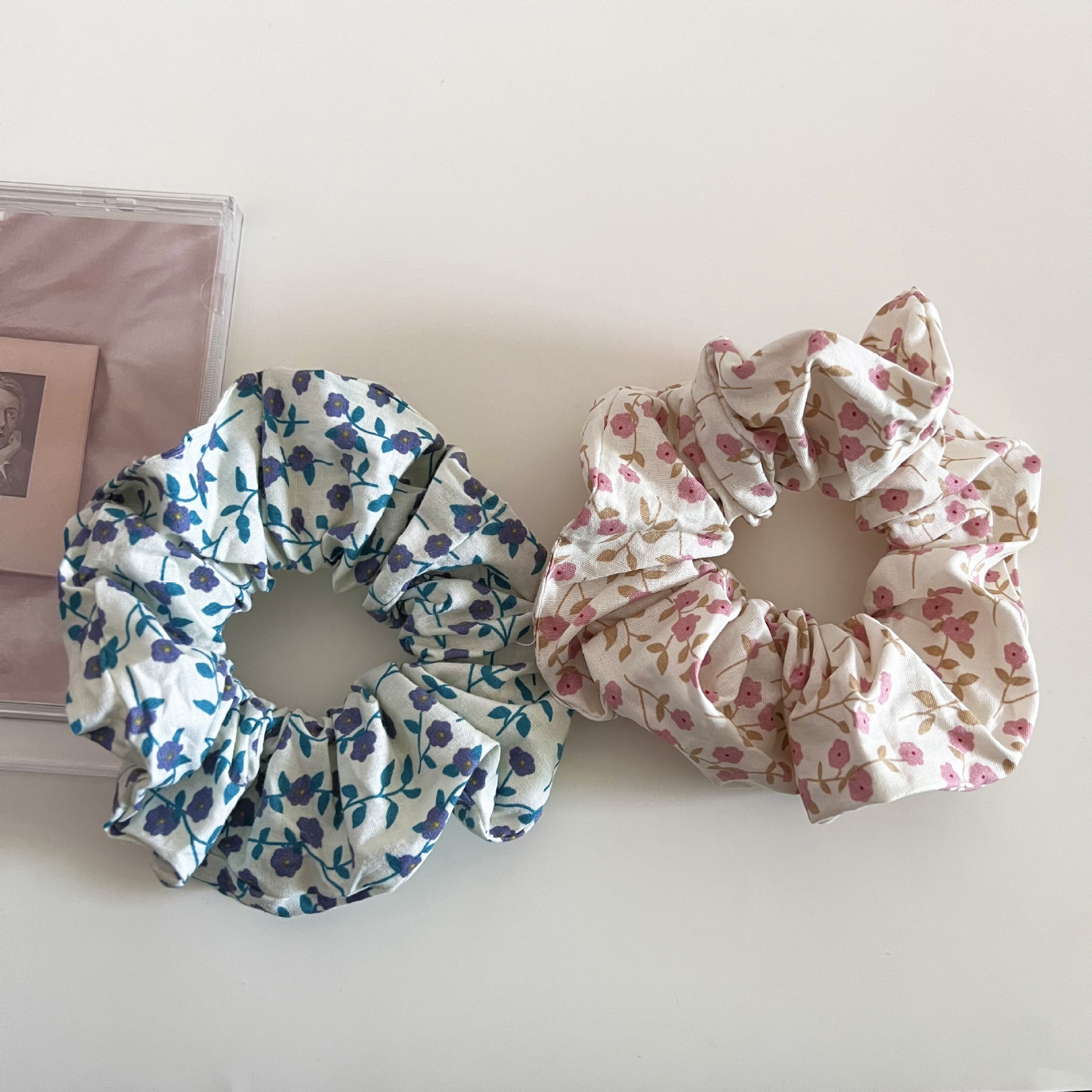 Women's Soft Cloth Elastic Scrunchie for Low Bun Blue Pink Ditsy Floral