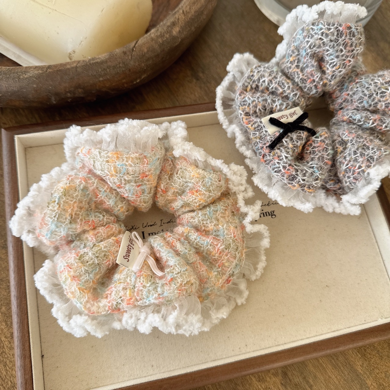 Women's Autumn Winter Wool Yarn Hair Tie French Lace Bow Knot