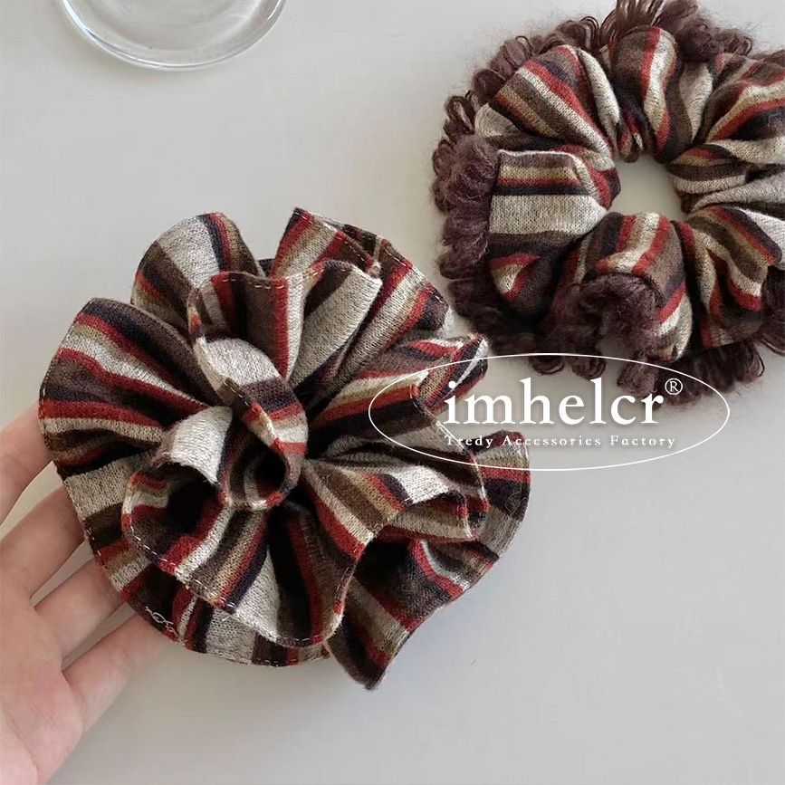 Women's Autumn Winter Knitted Yarn Bow Hair Tie Striped Color Block