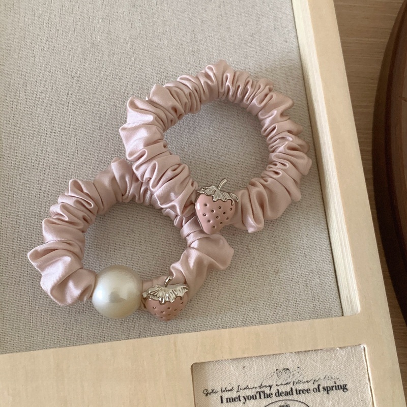 Women's Spring Summer Satin Pearl Hair Tie Sweet Pink Strawberry
