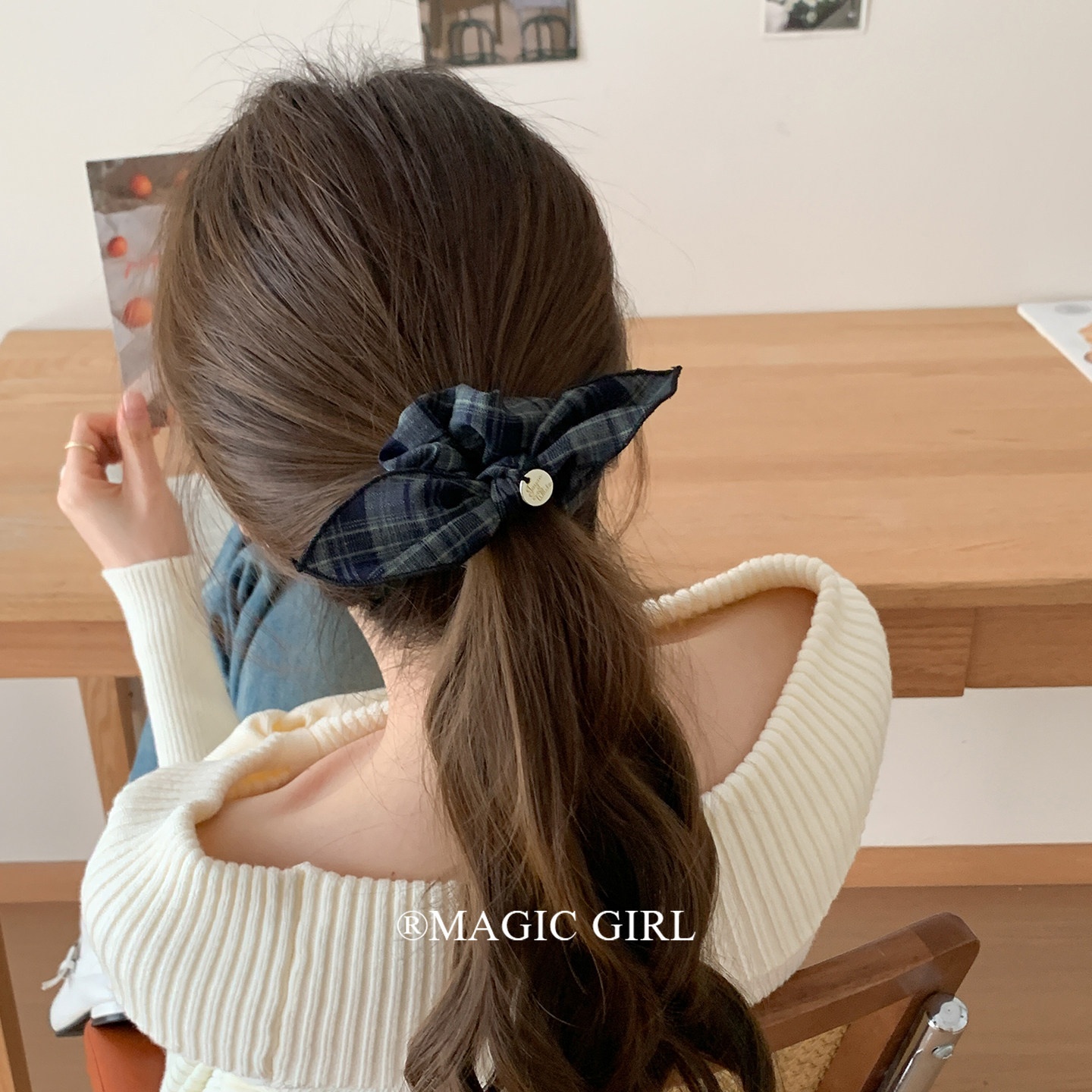 Women's Daily Cloth Bow Hair Tie Elastic Hairband Navy Blue Plaid