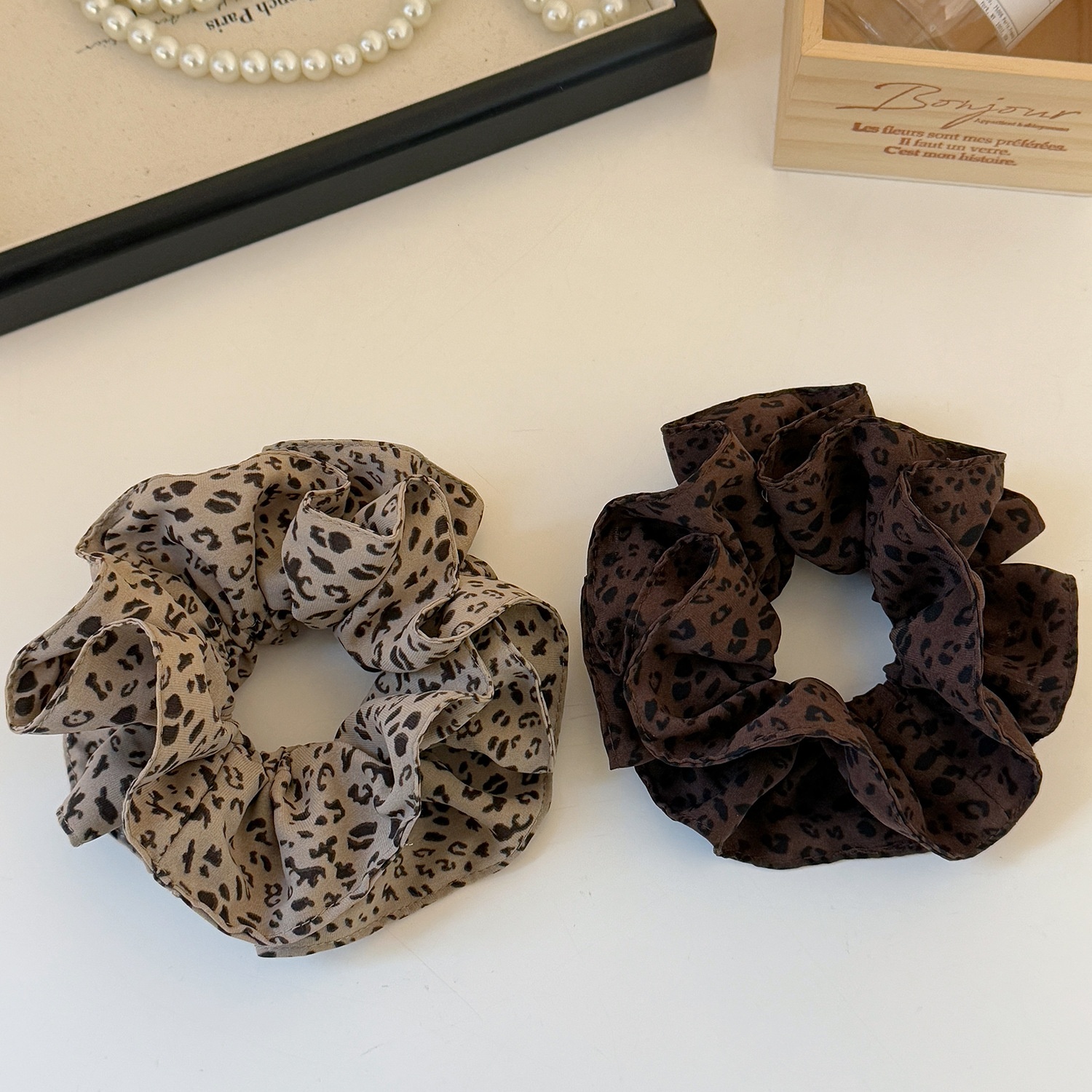 Women's Spring Cloth Scrunchie Hair Tie Coffee Leopard Print