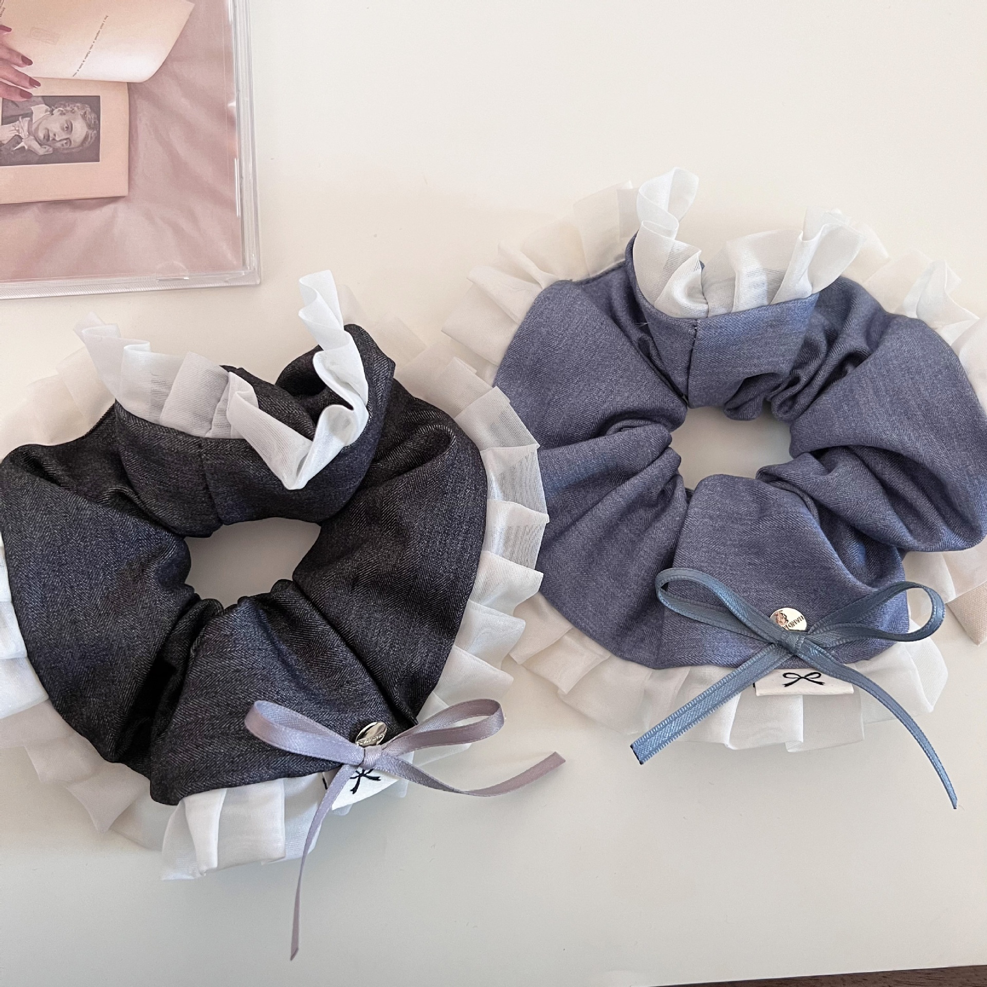 Women's Spring Sweet Cloth Ruffle Bowknot Scrunchie Hair Tie Dark Grey