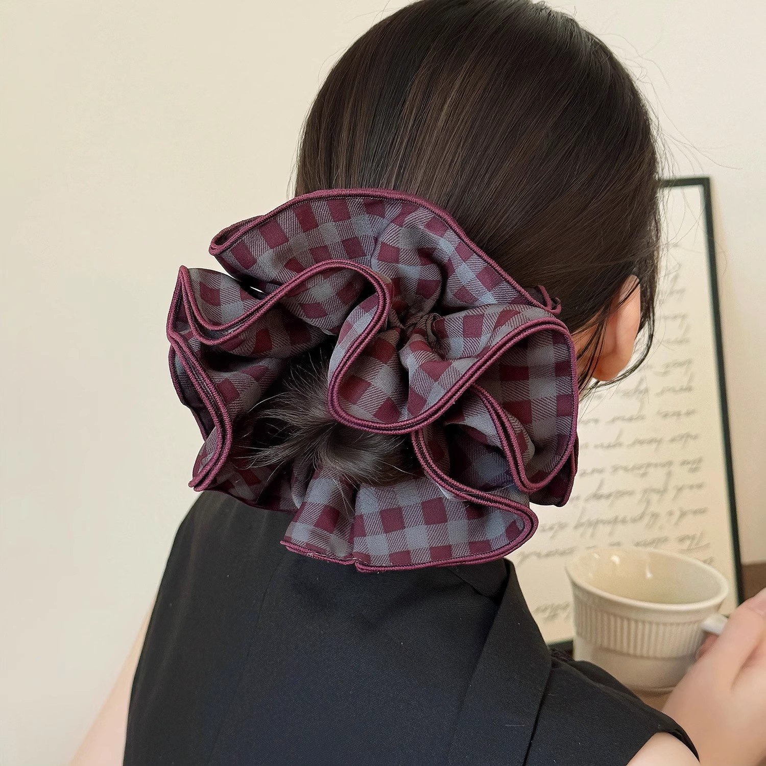 Women's Vintage Four Layer Cloth Hair Bands Chocolate Dark Blue Plaid