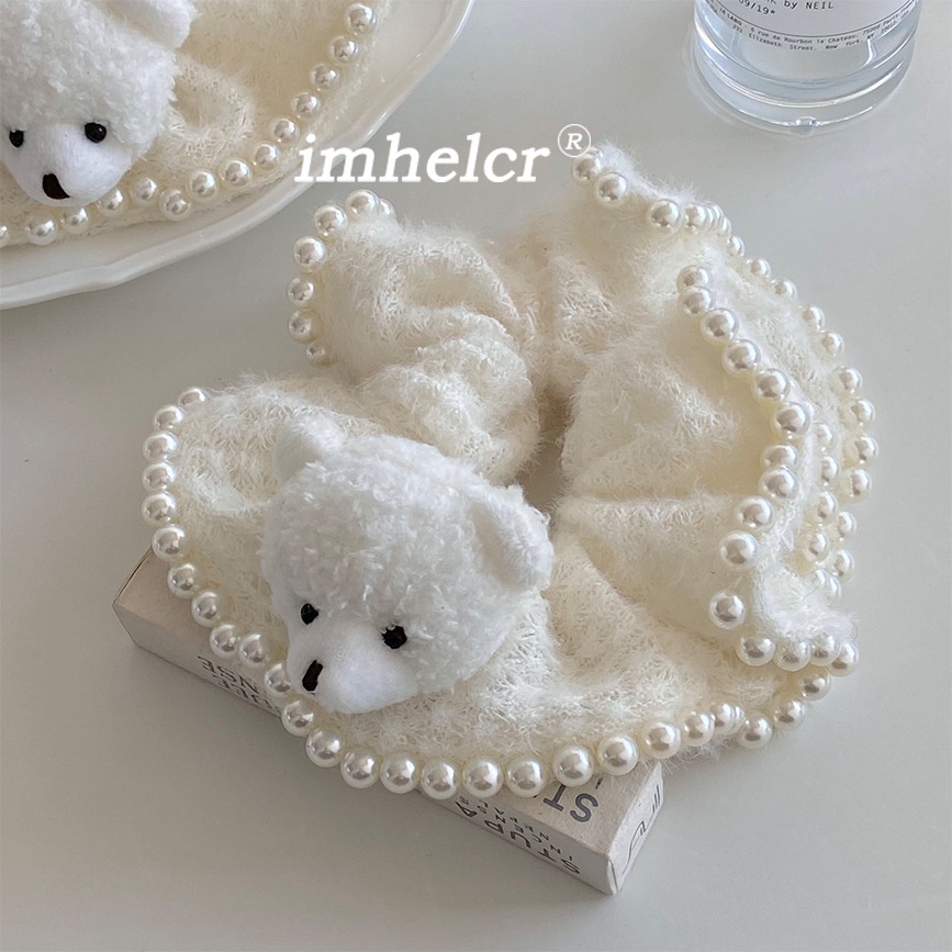 Women's Handmade Plush Pearl Edge Hair Tie All Seasons White Little Bear
