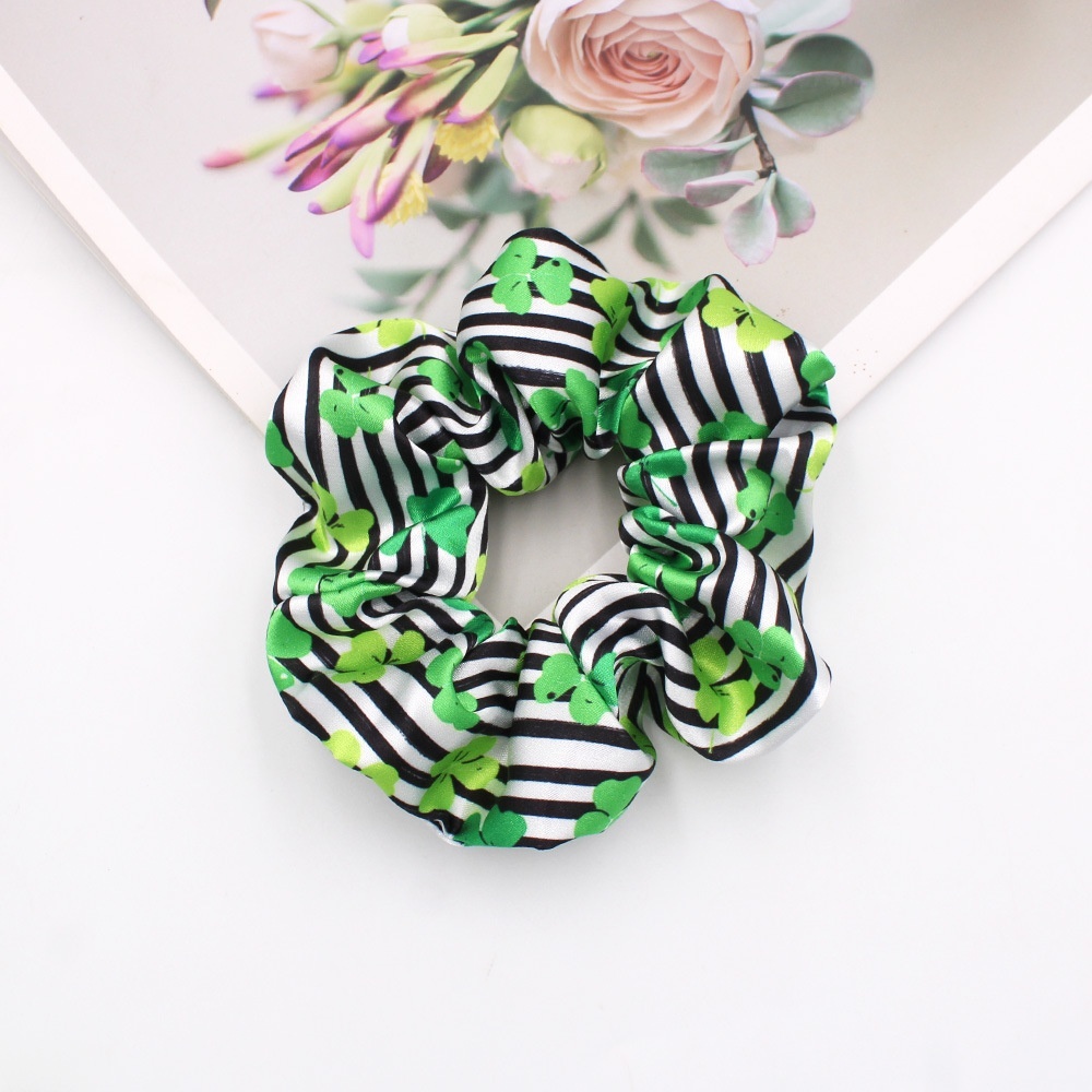 Women's 5PCS St. Patrick's Day Green Shamrock Big Bow Silk Printed Hair Ties