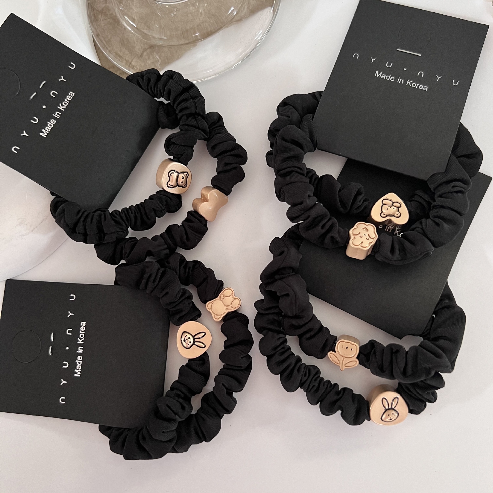 Women's Elastic Cloth Ponytail Hair Tie Set Black Bear Rabbit Bow Pattern