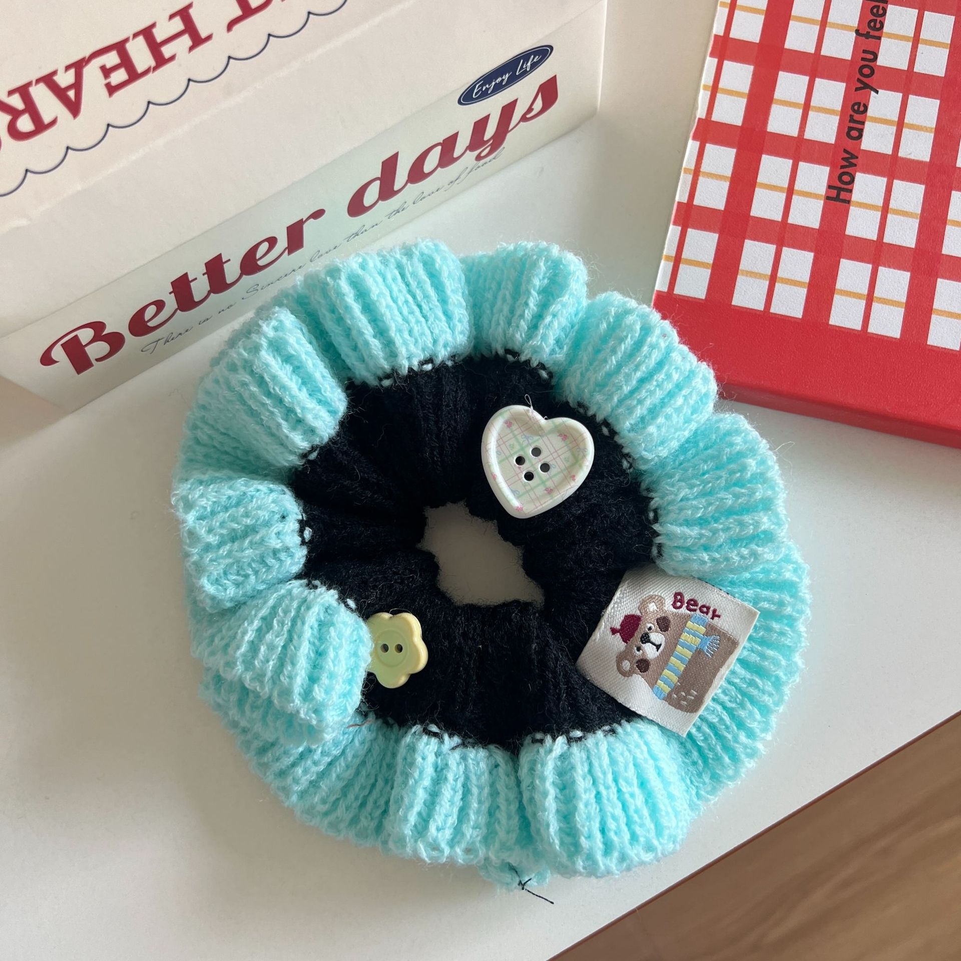 Women's Sweet Knitted Elastic Bun Hair Tie For Autumn Winter Color Block