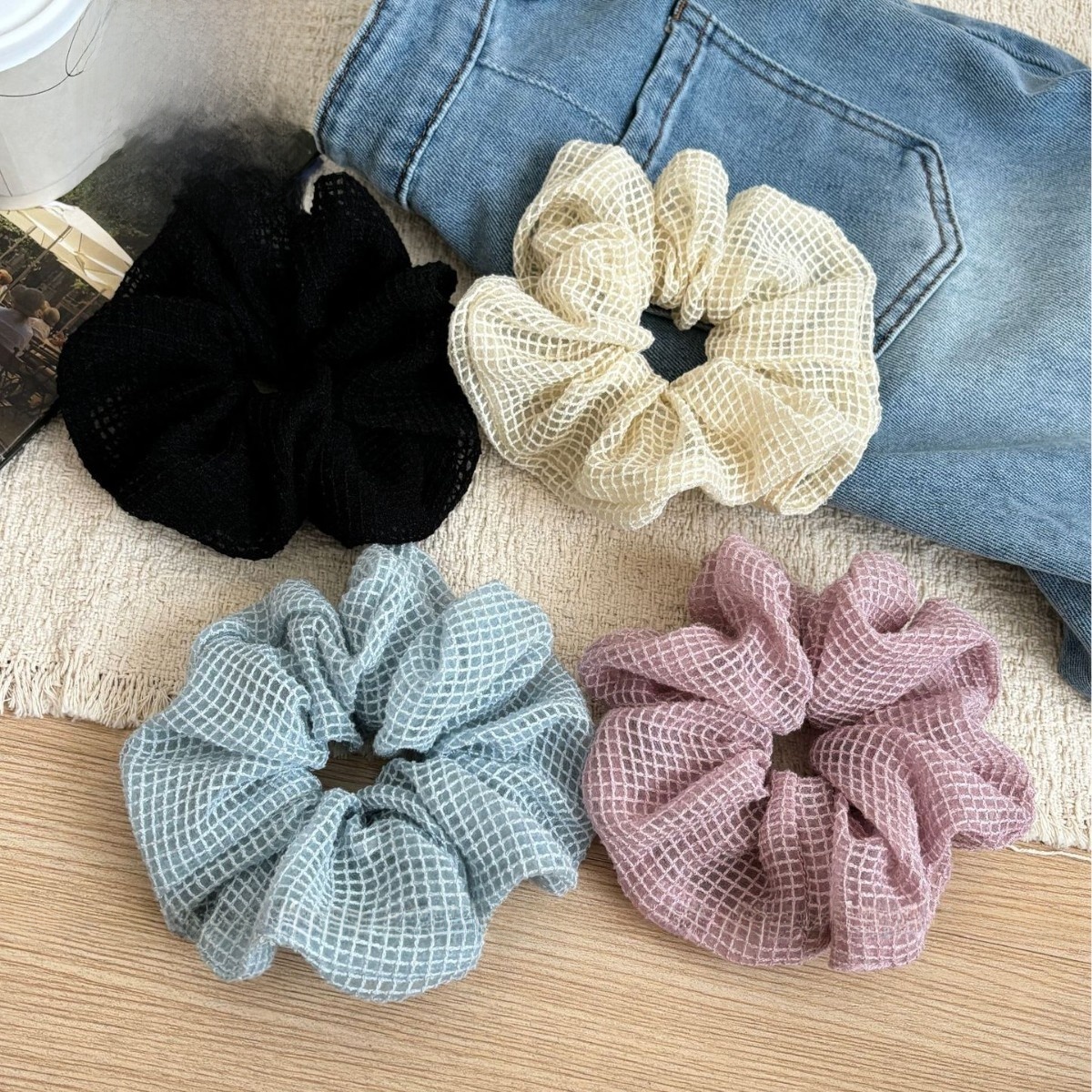 Women's Soft Cloth Retro Hair Tie For Daily Wear Sky Blue Plaid