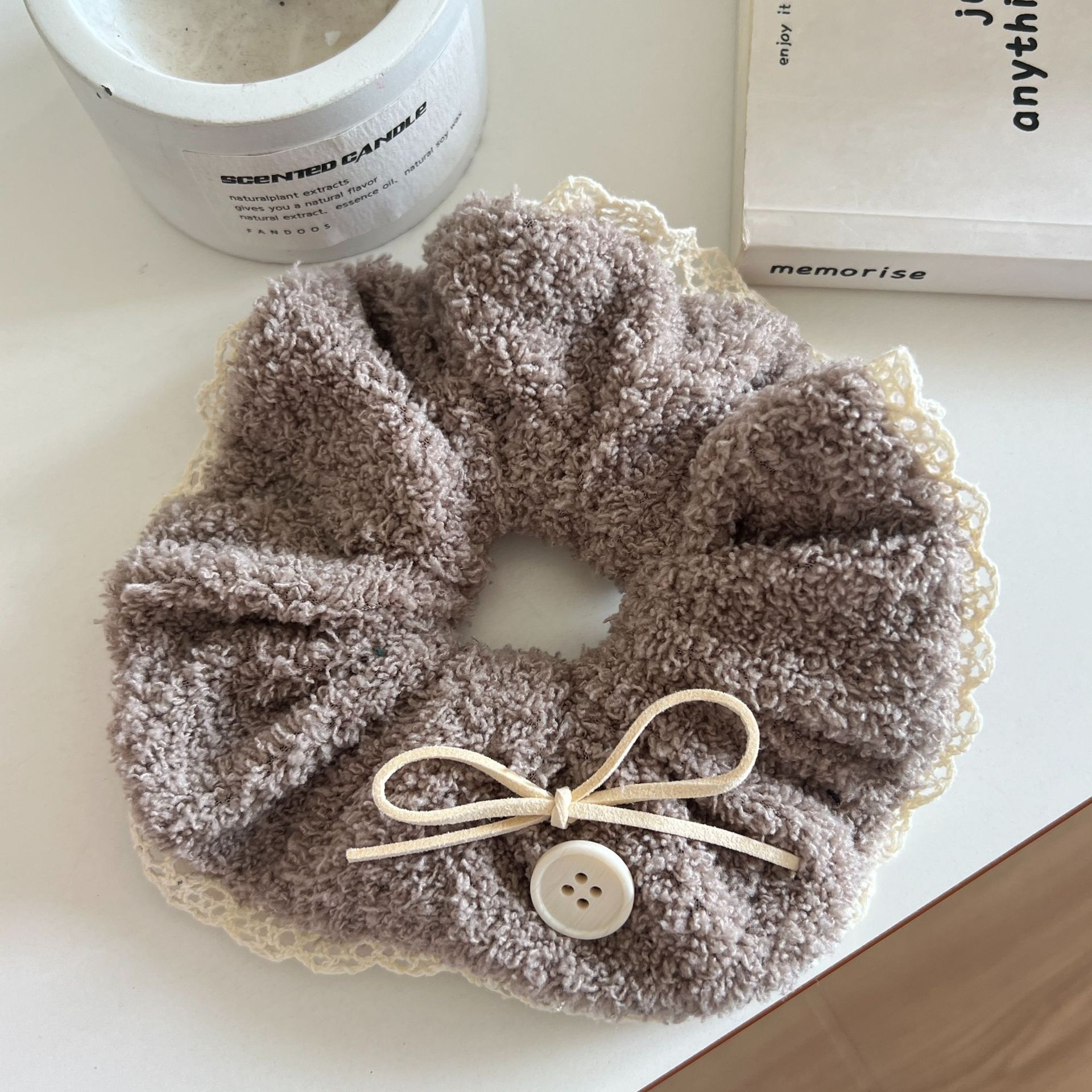 Women's Autumn Winter Fluffy Lace Trim Elastic Scrunchie Sweet Bowknot